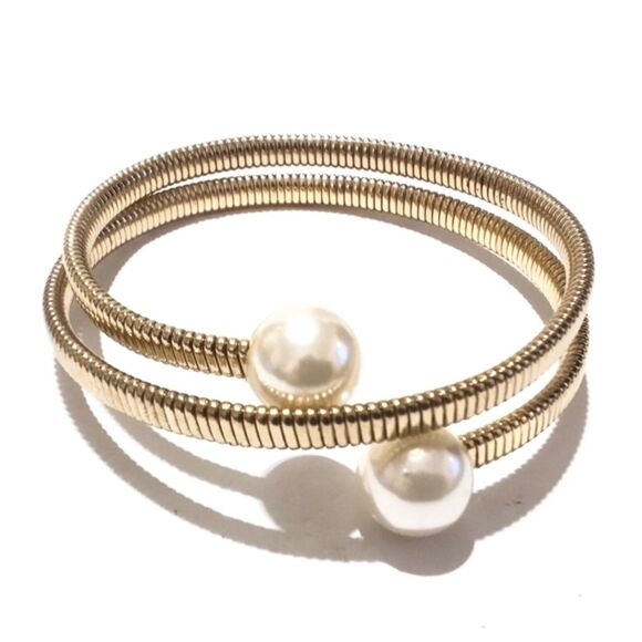 Vintage Gold Tone Faux Pearl Accented Wrap Bracelet - Picture 1 of 6